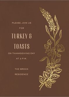 a brown and gold thanksgiving party card with an image of a plant on the side