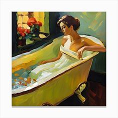 a painting of a woman sitting in a bathtub