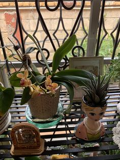 some plants that are sitting on a table in front of a glass window with iron bars