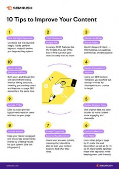 the 10 tips to improve your content info sheet with text and images in purple, yellow and