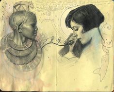 a drawing of two women talking to each other in front of a piece of paper with writing on it