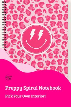 a pink spiral notebook with an image of a smiling face on it and the words preppy spiral notebook pick your own interior