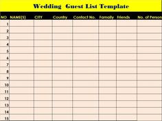 the wedding guest list is shown in yellow and black, as well as numbers for each guest