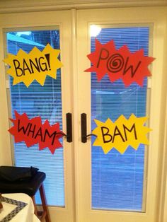 two doors decorated to look like superheros with the words bang pow wham bam on them