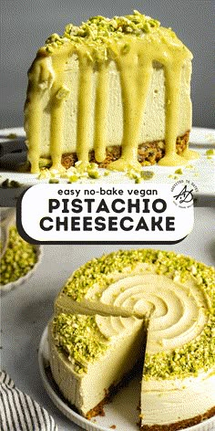 a cheesecake that has been cut into pieces and is sitting on a plate with the words easy no - bake vegan pistachio cheesecake