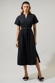 Amira Button Front Midi Dress – Sugarlips Tencel Dress, Blue Cherry, Cute Heels, Tiered Midi Dress, Buckle Belt, Black Button, Black Midi Dress, Spice Up, Simple Dresses