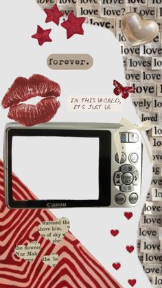 a digital camera with red lipstick and love words on it's screen, surrounded by hearts