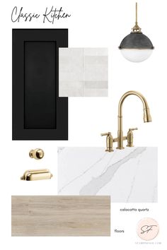 a bathroom design board with gold fixtures and white marble counter tops, black cabinets, and brass faucets