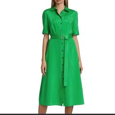 New, Never Worn Chic Green A-line Shirt Dress, Collared Silk Midi Dress For Workwear, Silk Button-up Semi-formal Dress, Semi-formal Silk Button-up Dress, Silk Button-up Dress For Semi-formal Occasions, Formal Silk Button-up Dress, Silk Short Sleeve Midi Dress For Work, Formal Button-up Silk Dress, Silk Midi Dress For Work With Short Sleeves