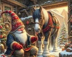 a christmas scene with a horse and santa clause