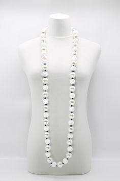 Round Wooden Beads with White Pearls Necklace - Jianhui London White Jewelry With Wooden Beads, White Jewelry With Round Wooden Beads, Elegant White Long Necklace With Round Beads, White Pearl Chain Long Necklace For Party, Formal White Pearl Long Necklace, White Pearl Long Necklace For Formal Occasions, Elegant White Jewelry With Wooden Beads, Elegant White Wooden Beaded Necklaces, Elegant White Beaded Necklaces With Wooden Beads