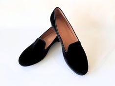 ❣ PRODUCT DESCRIPTION A contemporary design of the classic loafers. These black velvet slip-on loafers are handmade of a soft fabric with a delicate, velvet texture and a soft, elastic rubber sole. Done in one of autumn's hottest colors, these trendy and comfortable flat slides are an essential addition to your wardrobe and will add a splash of style to any outfit. Get these trendy women flat shoes, for a comfortable everyday use ❣ INFORMATION * Velvet  Fabric Upper * Leather lining * Leather in Black Slip-ons With Rubber Sole For Galas, Black Closed Toe Slip-ons For Formal Occasions, Black Flat Heel Formal Slippers, Black Flat Heel Slippers For Formal Occasions, Formal Black Slippers With Flat Heel, Black Almond Toe Slip-ons For Galas, Formal Black Flat Heel Slippers, Classic Black Slippers For Office, Formal Black Closed Toe Slippers