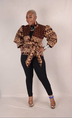 A unique African Print Jacket,  Fully lined, belt comes with it and it's 6 buttons. This beautiful jacket can be worn with a skinny jeans, a pencil skirt.  Sizes          Bust               Waist XS               32                  26   S                 34                  30 M                36                   32 L                 38/40              33/35 XL              42/44               36/38    2XL            46/48               42/44 3XL            50/52               46/48 Fitted Long Sleeve Blazer With Belt, Casual Fitted Belted Blazer, Fall Blazer With Belt And Long Sleeves, Fall Long Sleeve Blazer With Belt, Trendy Fitted Brown Blazer, African Print Jacket, Print Jacket, African Print, Pencil Skirt