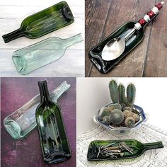 four different bottles with spoons in them and cactuses inside one bottle on the other