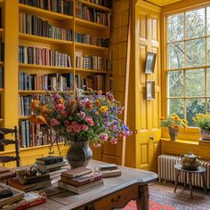 a vase filled with lots of flowers sitting on top of a table next to a window