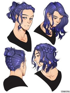 four different views of a woman's head with blue hair and braids on top