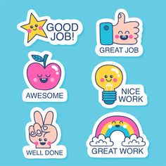 six stickers with different cartoon characters and words that say good job, great job, nice