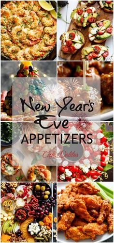 new year's eve appetizers with text overlaying the top and bottom