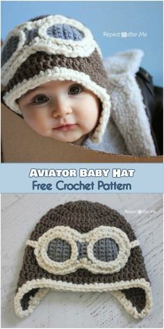 the crocheted hat is made to look like a baby's aviator helmet