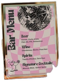 a pink and white menu with a disco ball on it