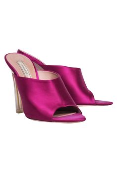 Step out in head-turning style with these Nina Ricci magenta pink satin mule pumps. The open toe heel showcases a clear heel design for a light and airy look, perfect for any date night. Make a statement and show off your fashion-savvy with these eye-catching and chic mules! Size 7.5 Satin fabric upper Clear acrylic heel Pointed toe Heel height 4"