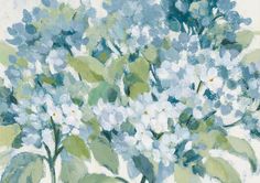 an abstract painting of blue and white flowers