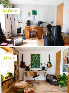 before and after photos of a living room with guitars on the wall, in front of an open bookcase