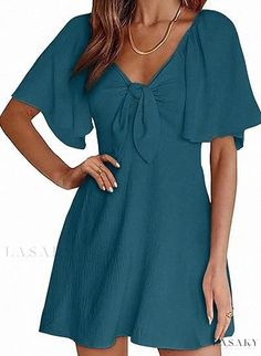 Lasaky - Bow-Tied Short Sleeve Lace-Up Mini Dress Dress Craft, Bow Fabric, Wrap Dresses, Stil Elegant, Midi Short Sleeve Dress, Dresses 2024, Short Sleeve Mini Dress, Daily Dress, Sea Blue