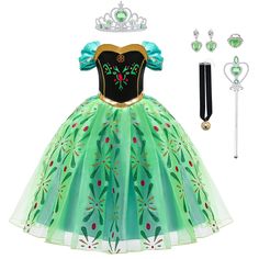 PRICES MAY VARY. high-quality fabric 【Complete Princess Costume】The high-quality snow queen princess dress with princess crown, magic wand, earrings, necklace and ring, green lace tulle embroidered dress, will make your child look more beautiful and fashionable. 【Exquisite Details】The elegant dress is made of soft, light and breathable fabric, shiny and silky, comfortable for daily wear, and the soft lining protects little girls from allergies and itching, better protecting girls' soft skin. 【Ex Princess Anna Dress, Princess Costume Kids, Anna Costume, Frozen Dress, Anna Dress, Fancy Dress Up, Summer Outfits Kids, Green Gown, Princess Costume