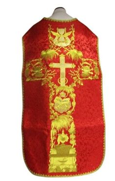 Roman chasuble with embroidered stripes. Eucharistic embroidery, Alpha and Omega inscription. Color: chasuble red, embroidery gold. Complete with stole, maniple, burse and chalice vestment. Made of high quality fabric. Airy, resistant to creases. Excellent quality, durability, realistic colors. Red Embroidered Chasuble For Church, Traditional Gold Ceremonial Chasuble, Traditional Red Chasuble For Ceremonial Use, Gold Embroidered Chasuble For Traditional Ceremonies, Embroidered Stripes, Alpha And Omega, Red Embroidery, Poland, Quality Fabric