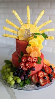 a cake decorated with fruits and flowers on a plate