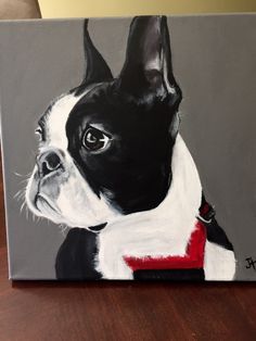 a painting of a black and white boston terrier