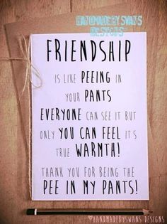 a sign that says,'friendship is like peing in your pants everyone can see it but only you can feel it's true warmth thank you for being the pee in my pants