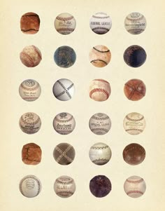 an old baseball poster with many different balls