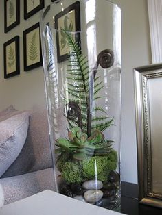 a vase filled with plants and rocks on top of a table next to a couch