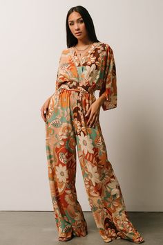 Rhapsody Jumpsuit | Multi Print - Baltic Born Orange Jumpsuit, Baltic Born, Lace Inset, 70s Inspired, Kimono Sleeve, Boho Stil, Half Sleeve, Flare Pants, Unique Print