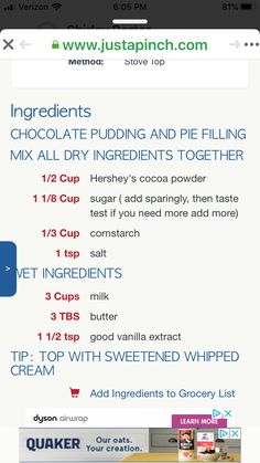 the recipe for chocolate pudding and pie fillings is displayed on an iphone screen,
