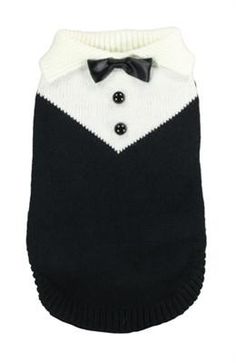 a black and white dog sweater with a bow tie on it's collar is shown