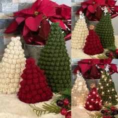 crocheted christmas trees with poinsettis and lights