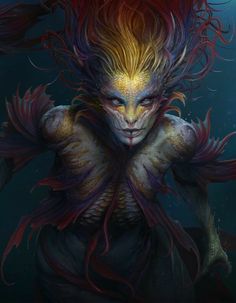 a painting of a demon with red hair and yellow eyes, in the dark water