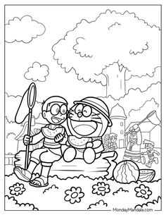 an image of cartoon characters in the park coloring page for adults and children to color