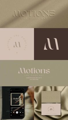 the logo for motion's is shown in three different colors and font styles, including brown