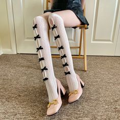 - White Over Knee High Tights with Bows   - White and black patterned Tights - Shipped from England - Comfort and Stretchy  - One Size (Fits UK 4-16) - Model is UK size 6-8 - Free Shipping across the UK, Ships Monday to Friday  - #fishnets #tights #socks #y2k  #freeshipping White Stretch Over The Knee Tights, White Stretch Over-the-knee Tights, Trendy White Tight Tights, White Tight Thigh-high Stockings, Trendy Fitted White Legwear, White Legwear For Fall, White Fitted Legwear For Fall, Cute Thigh High Fitted Stockings, Cute Thigh-high Fitted Stockings