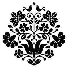 a black and white image of flowers with birds on them, in the shape of a circle