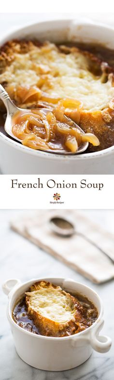 french onion soup in a white casserole dish