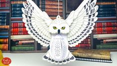 an owl is standing in front of a bookshelf with its wings spread out