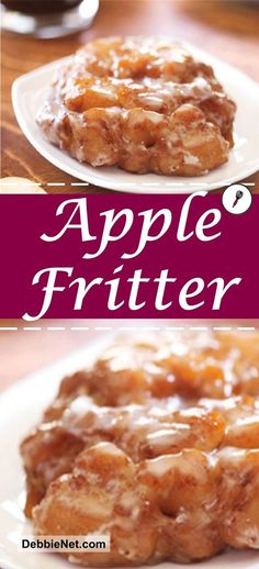 apple fritter on a white plate with caramel glaze