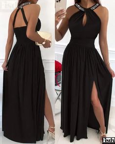 Fisdy - Vestido de noche con pedrería y abertura alta sin espalda Backless Evening Gowns, Dress With Rhinestones, Backless Evening Dress, Halter Maxi Dresses, Long Sleeve Shirt Dress, Olivia Mark, Dress Details, Backless Dress Formal, Join Us