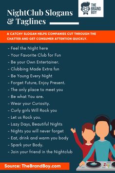 the flyer for night club slogans and taglines with two people at a table