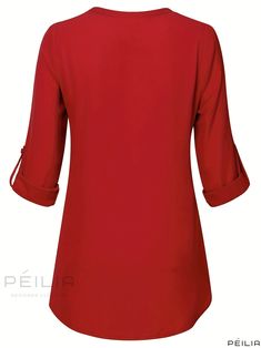 Peilia - Professional Plus Size Womens Casual T-shirt: Solid Notched Neck Three Quarter Sleeve Blouse with Button Decor and Slight Stretch Solid Color Tops With Roll-up Sleeves For Office, Elegant Solid Tops With Roll-up Sleeves, Elegant Tops With Roll-up Sleeves, Office Tops With Roll-up Sleeves, Crew Neck Tops With Button Cuffs For Work, Workwear Tops With Button Cuffs, Crew Neck, Workwear Crew Neck Tops With Button Cuffs, Workwear Tops With Roll-up Sleeves, Quarter Sleeve Blouse